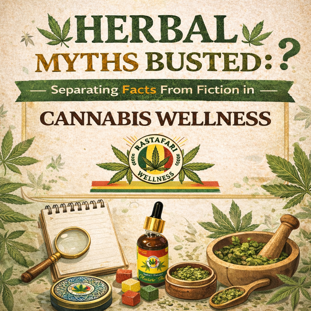 Herbal Myths Busted” showing Vijaya herbal wellness products, cannabis leaves, gummies, oil dropper, and Ayurvedic tools representing facts versus fiction in cannabis wellness.