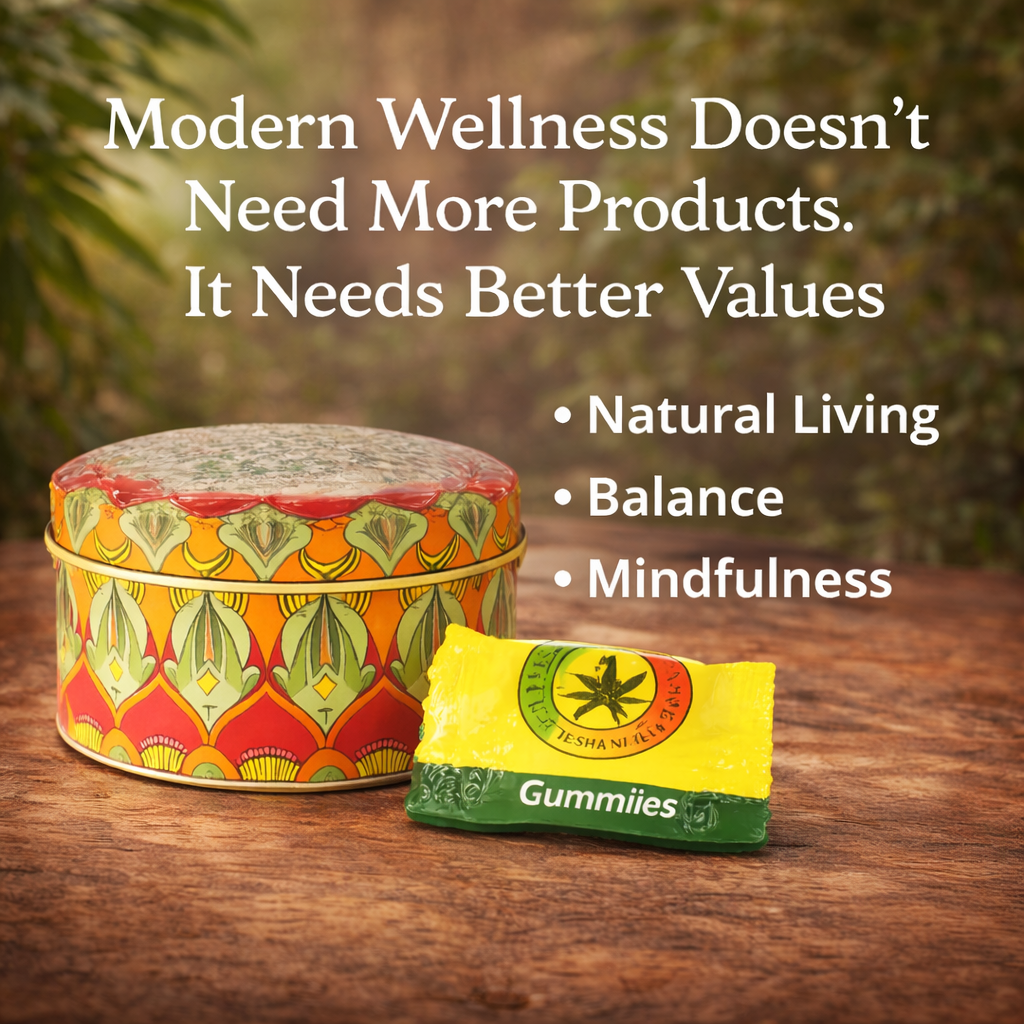 Rastafari Wellness gummies and decorative tin displayed outdoors, highlighting natural living, balance, and mindfulness in modern wellness.