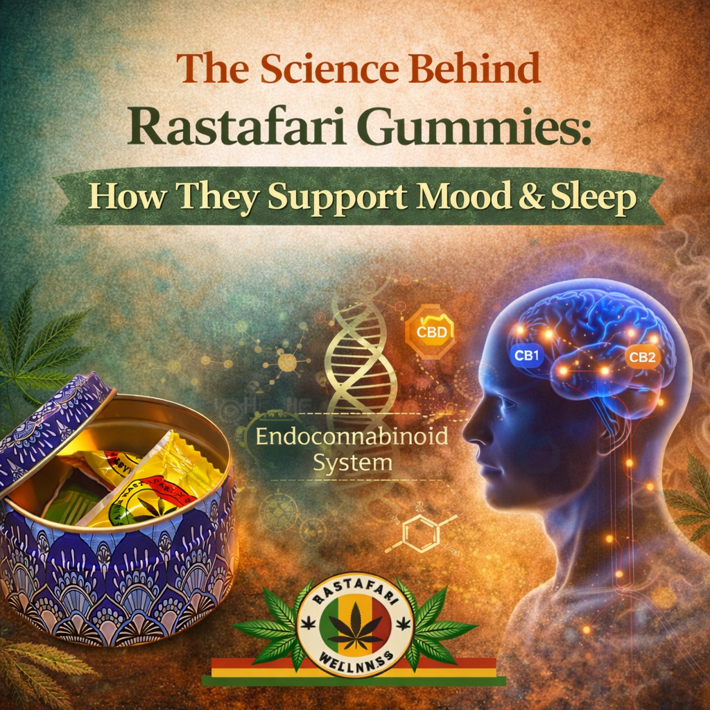 Rastafari Gummies made with broad-spectrum cannabis extract illustrating how cannabinoids support stress, mood, and sleep wellness.